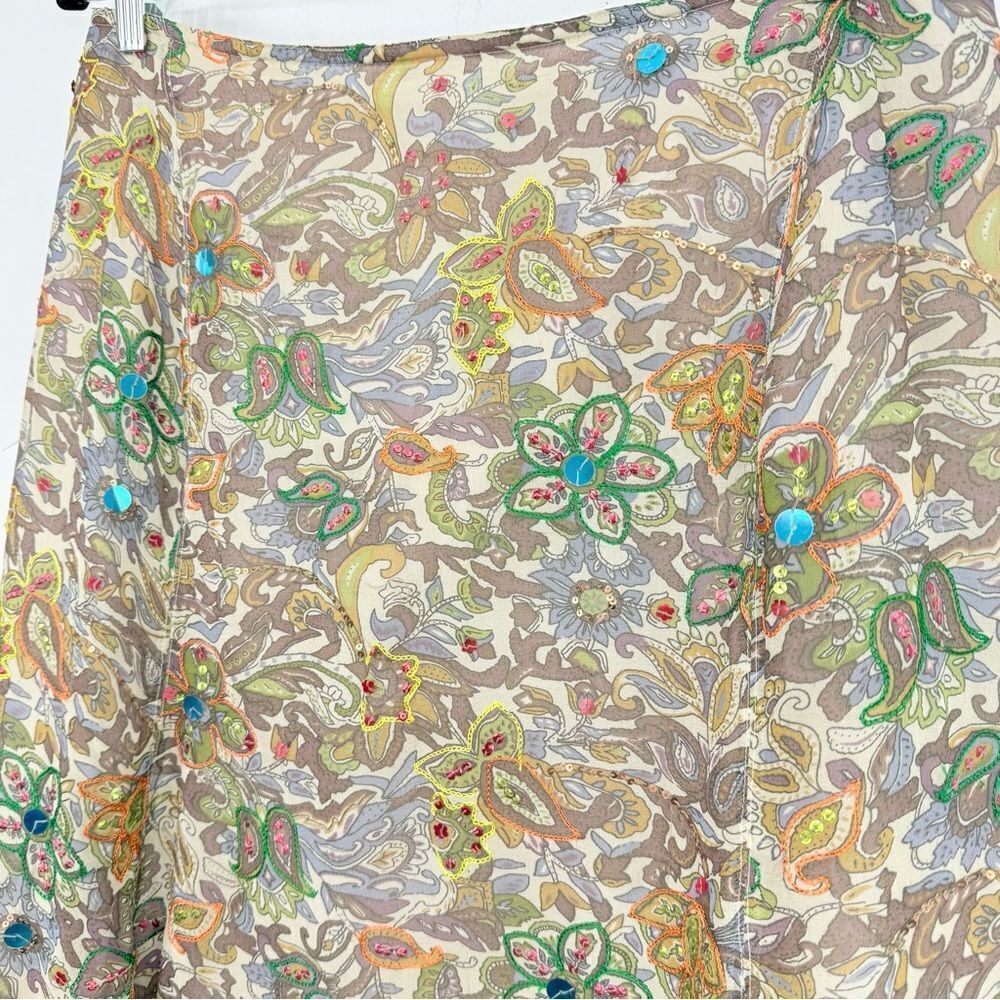 Strenesse Blue Brown Colorful Sequin Embroidered 100% Silk Paisley Floral Skirt - Picture 6 of 16